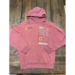 Vintage Mens Small National Geographic Graphic‎ Hoodie, Pullover Sweatshirt, Red